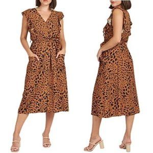 NWT DR2 Women Midi Dress Celia Animal Print Pocket V Neck Flutter Sleeve Brown L